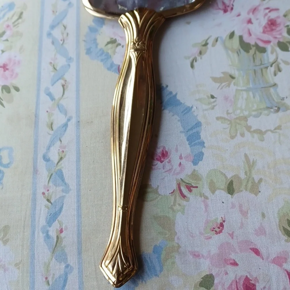 Vintage Floral rhinestone Gold Tone Handheld Mirror, glass is missing